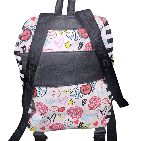 Luv Betsey Johnson Backpack Travel White Roses Black‎ Stripe Hearts Stars NEW
